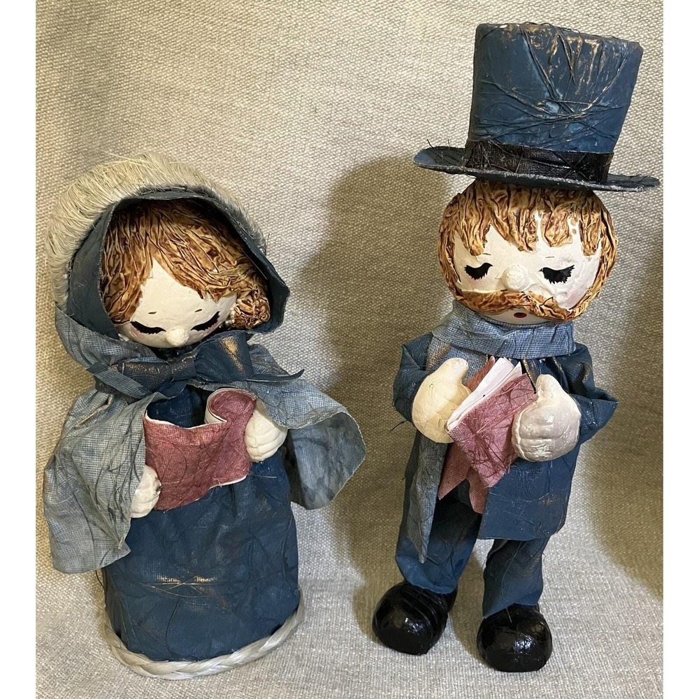 Vintage Paper Mache Christmas Carolers Set Blue Victorian Figurines Taiwan